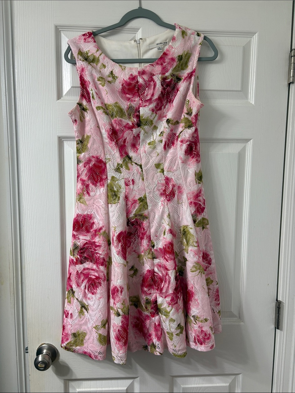 Floral Fit-and-Flare Midi Dress in Pink and Green